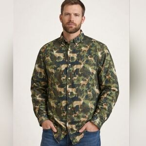 Woolrich Camo Deer Print Shirt Mens L Green Button Down Long Sleeve Cotton